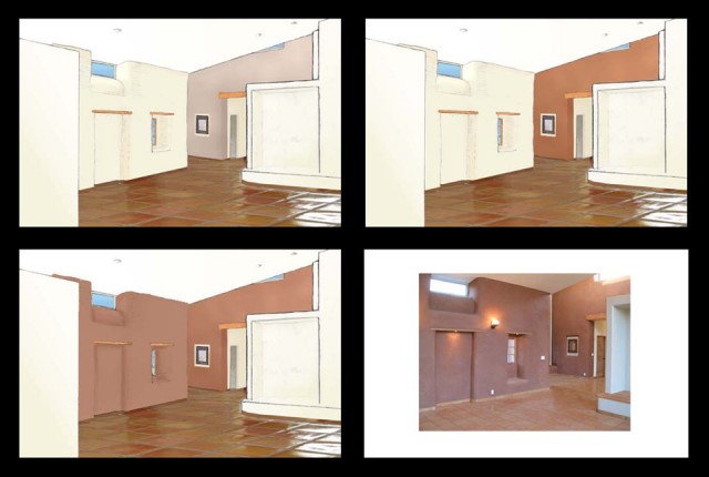 renderings of different plaster color choices and the finshed product